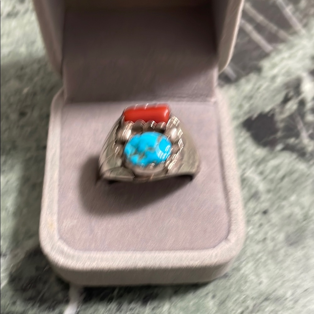 Silver Ring with Turquoise and Red Coral Size 10